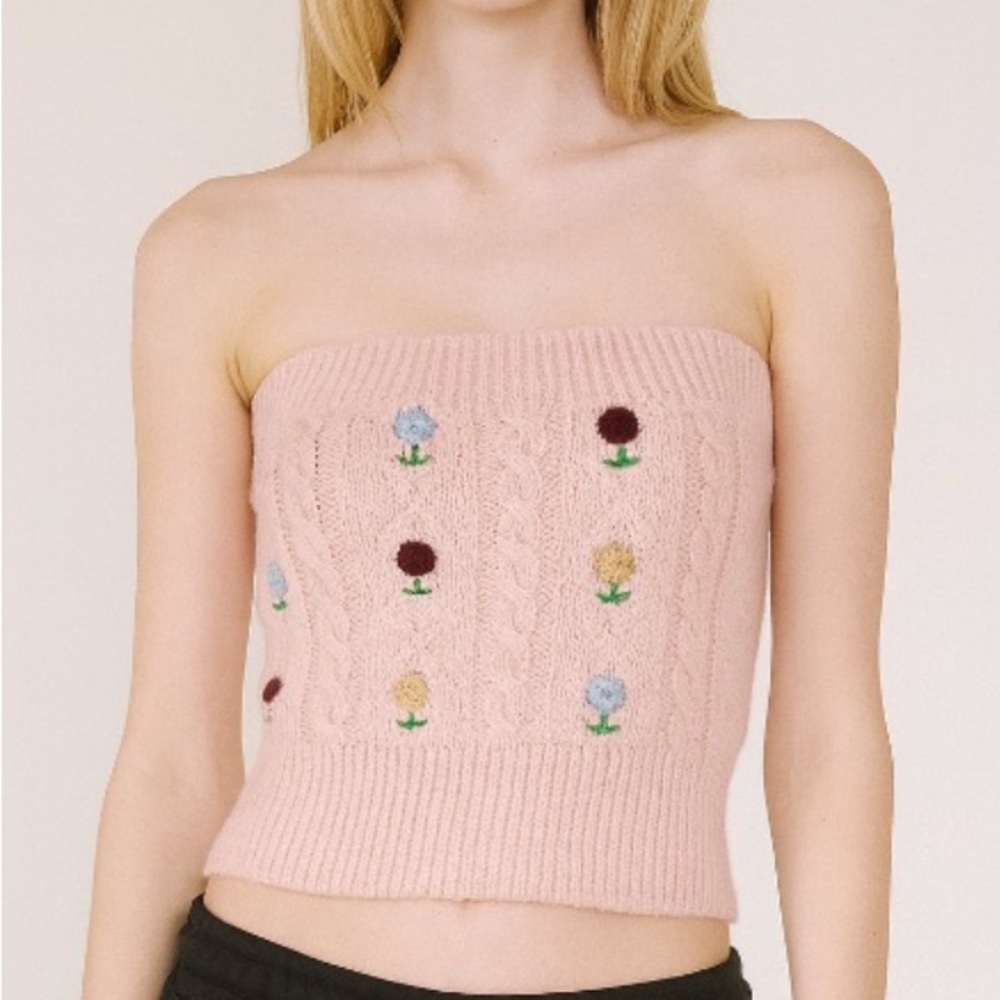 Zara floral embroidered cable knit crop Pink tube top Small
